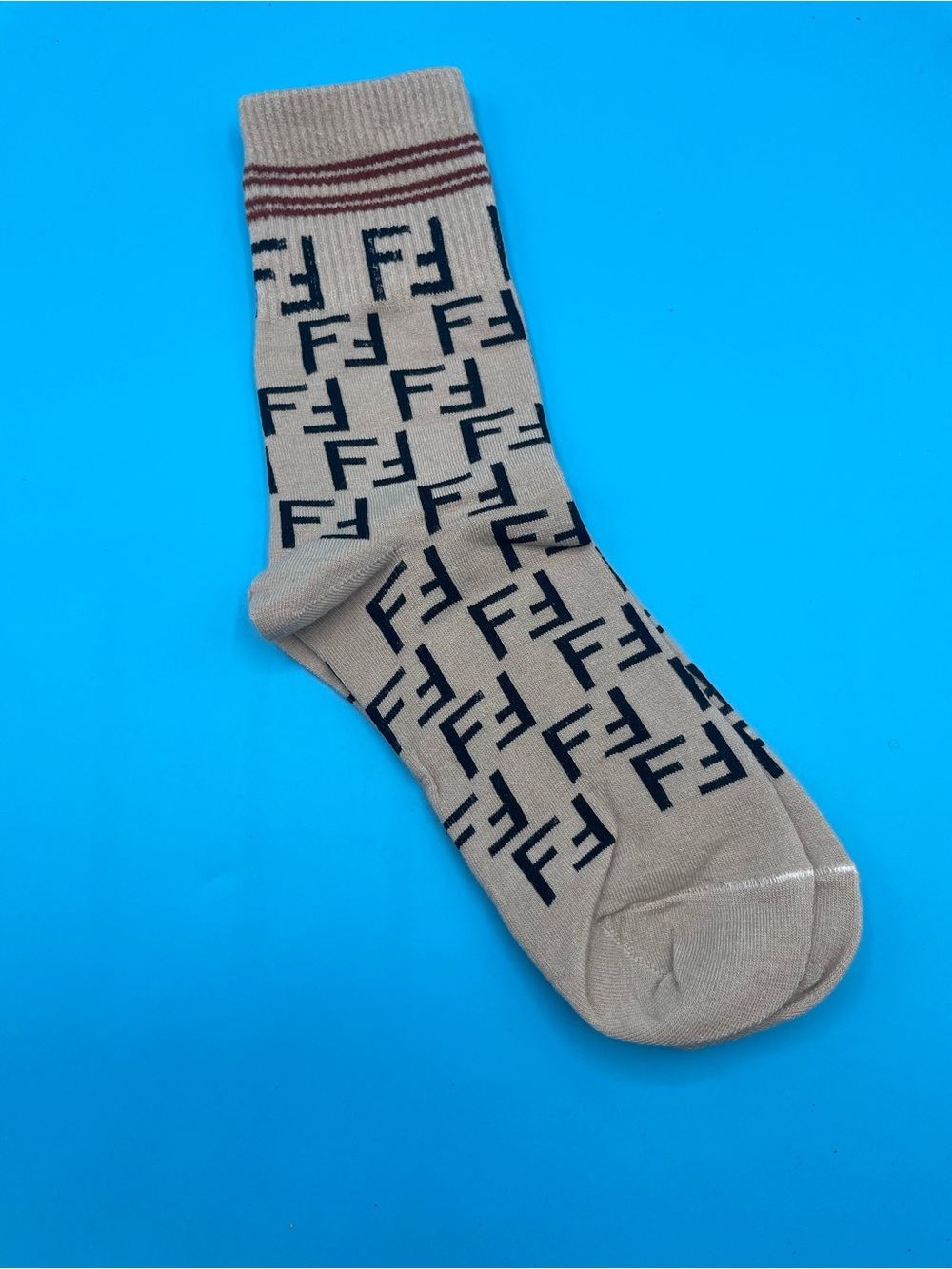 3 Pair Fendi Beige Crew Socks with Black FF Monogram and Brown Stripe - Picture 3 of 3